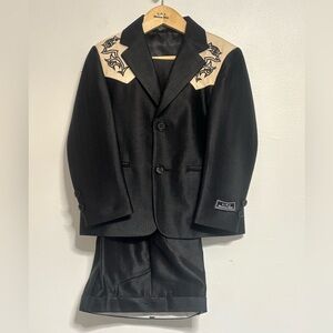 Western Shiny Black With Embroidered Tan Suede Look Yokes & Matching Slacks Sz 8